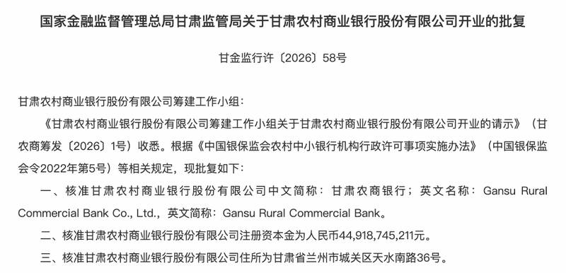 甘肃农商银行正式开启运营新篇章，统一法人模式助力乡村振兴；高管团队全面就位，服务三农能力显著增强。